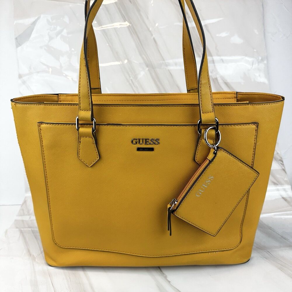 Guess Homestead Tote Bag Yellow Faux Leather Large w/ Detachable Wallet Holder